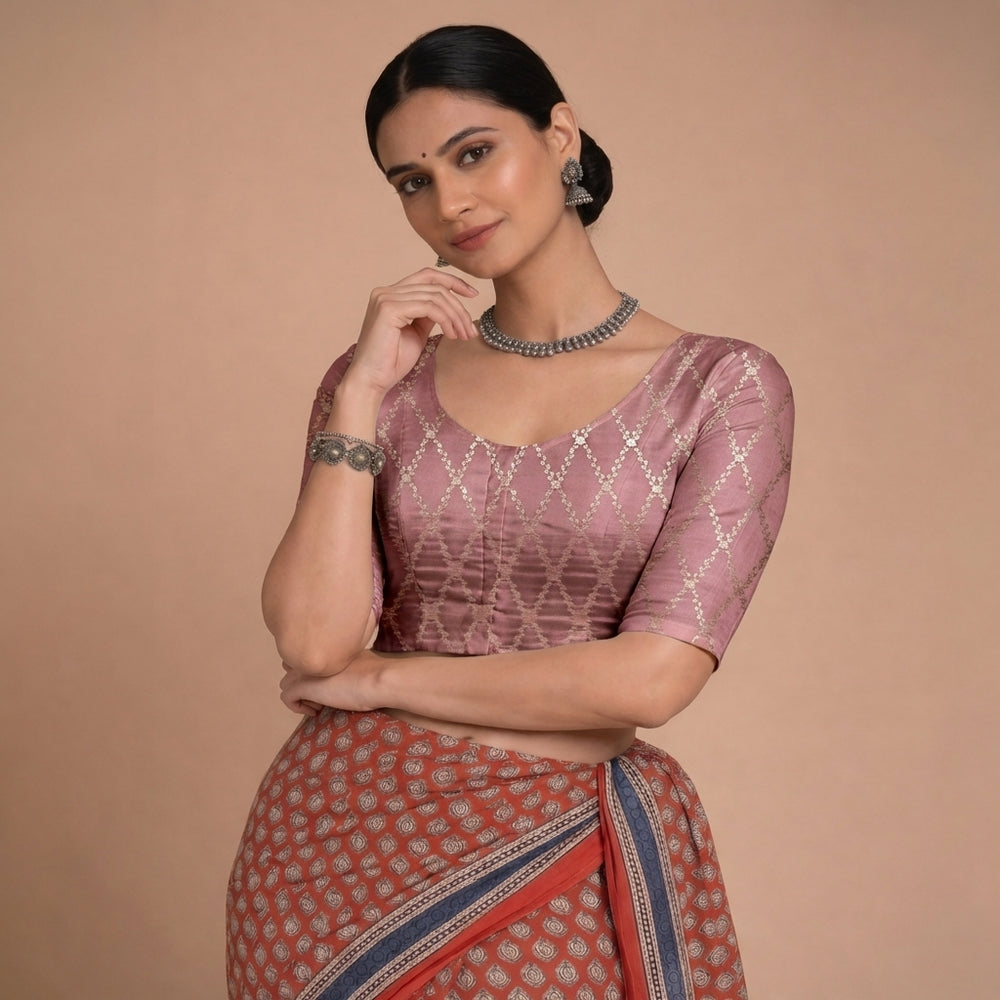 Vartika x Tyohaar | Elbow Sleeves Dusky Mauve Viscose Silk Brocade Saree Blouse