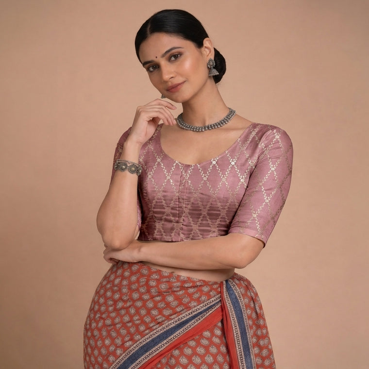 Vartika x Tyohaar Saree Blouse, in Purple Viscose Silk Brocade, featuring elbow sleeves and round neckline.