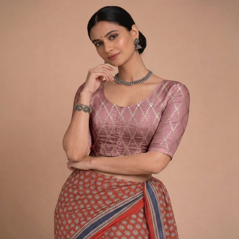 Vartika x Tyohaar | Elbow Sleeves Dusky Mauve Viscose Silk Brocade Saree Blouse-Binks