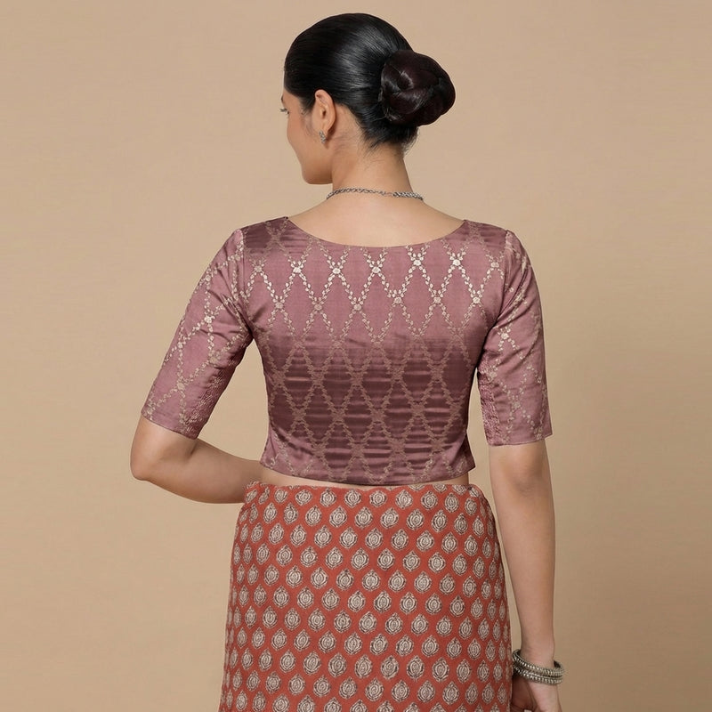 Vartika x Tyohaar | Elbow Sleeves Dusky Mauve Viscose Silk Brocade Saree Blouse-Binks