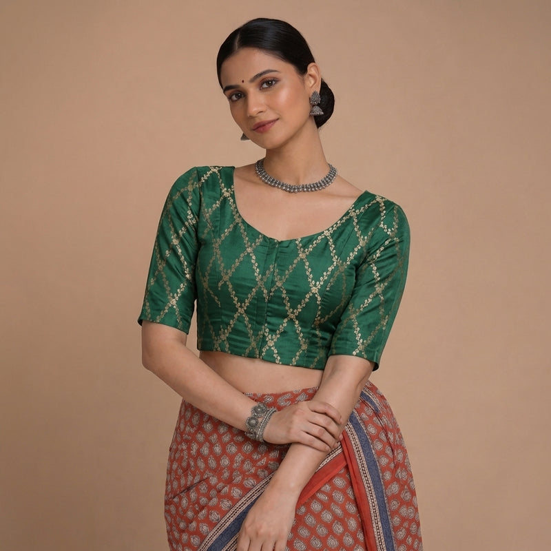 Vartika x Tyohaar | Elbow Sleeves Emerald Green Viscose Silk Brocade Saree Blouse-Binks