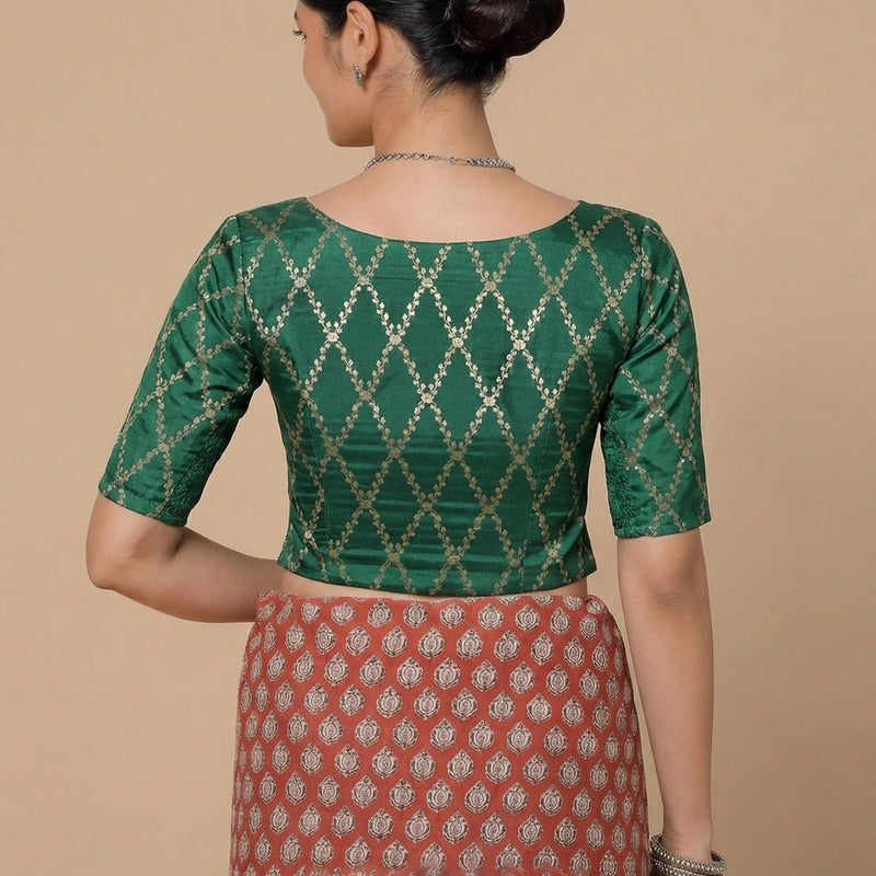 Vartika x Tyohaar | Elbow Sleeves Emerald Green Viscose Silk Brocade Saree Blouse-Binks