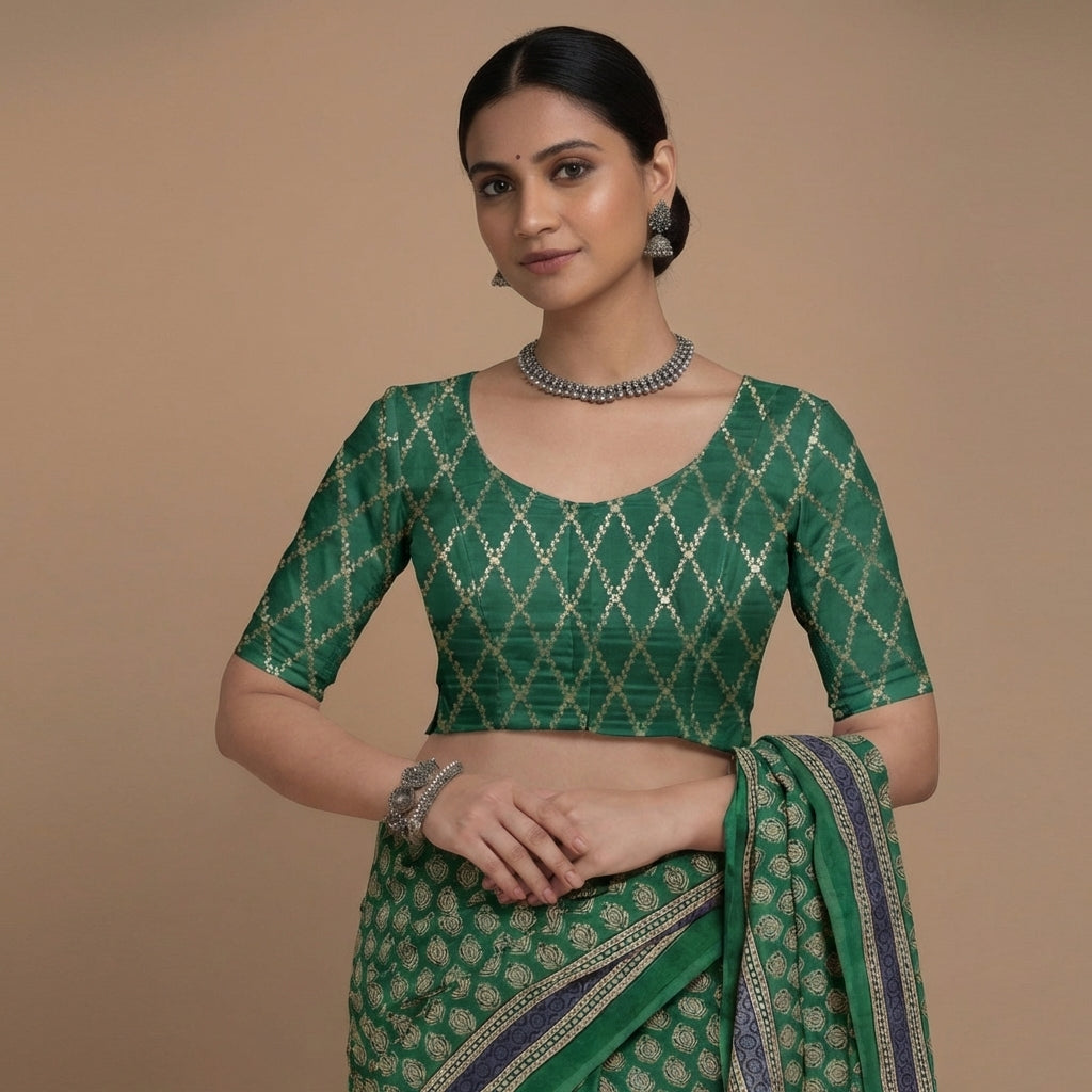 Vartika x Tyohaar Saree Blouse, in Green Viscose Silk Brocade, featuring elbow sleeves and round neckline (view 5).
