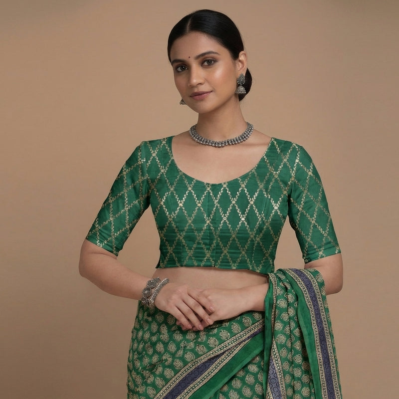 Vartika x Tyohaar | Elbow Sleeves Emerald Green Viscose Silk Brocade Saree Blouse-Binks