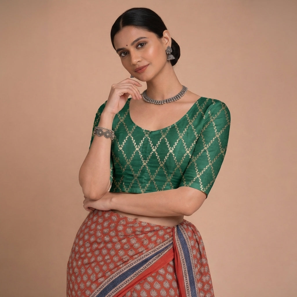Vartika x Tyohaar Saree Blouse, in Green Viscose Silk Brocade, featuring elbow sleeves and round neckline (view 6).