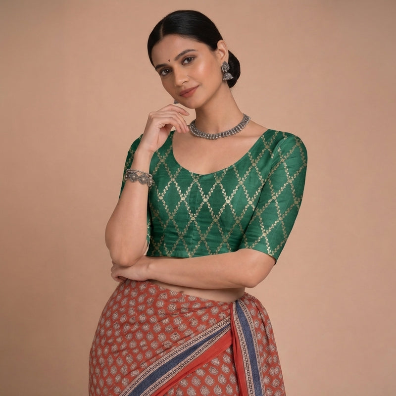 Vartika x Tyohaar | Elbow Sleeves Emerald Green Viscose Silk Brocade Saree Blouse-Binks