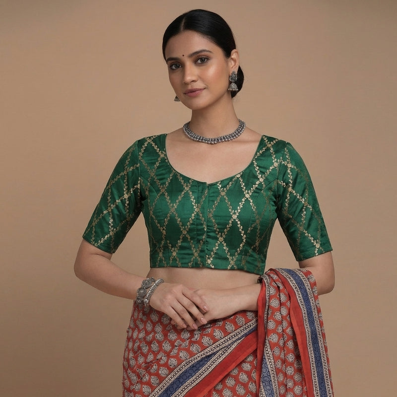 Vartika x Tyohaar | Elbow Sleeves Emerald Green Viscose Silk Brocade Saree Blouse-Binks