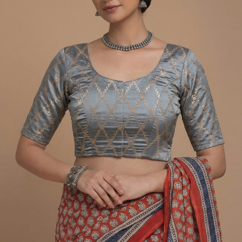 Vartika x Tyohaar | Elbow Sleeves Gilded Grey Viscose Silk Brocade Saree Blouse-Binks