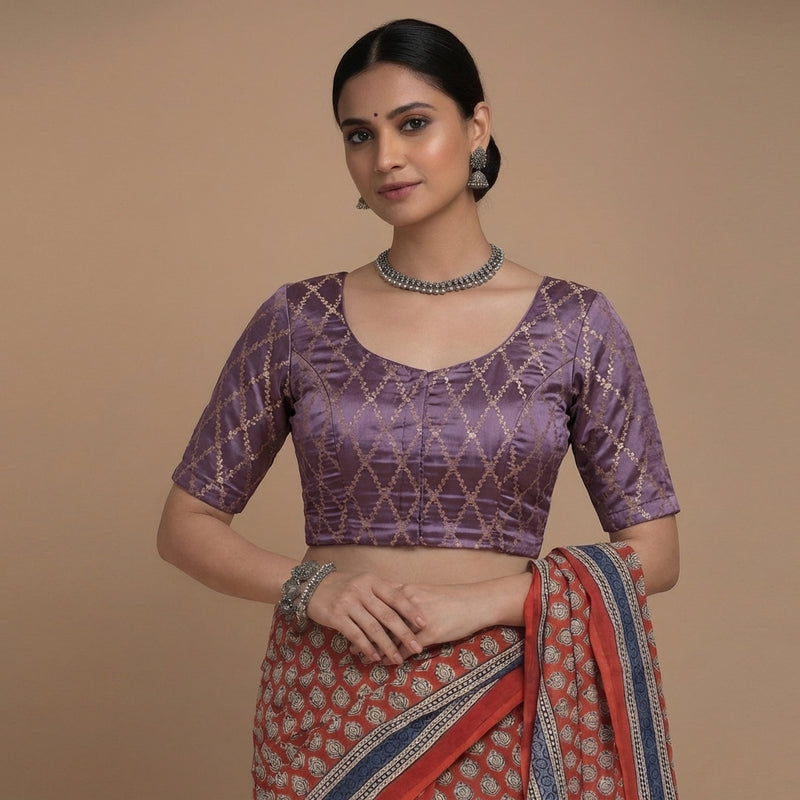 Vartika x Tyohaar | Elbow Sleeves Moonlit Lavender Viscose Silk Brocade Saree Blouse-Binks
