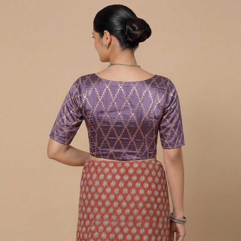 Vartika x Tyohaar | Elbow Sleeves Moonlit Lavender Viscose Silk Brocade Saree Blouse-Binks