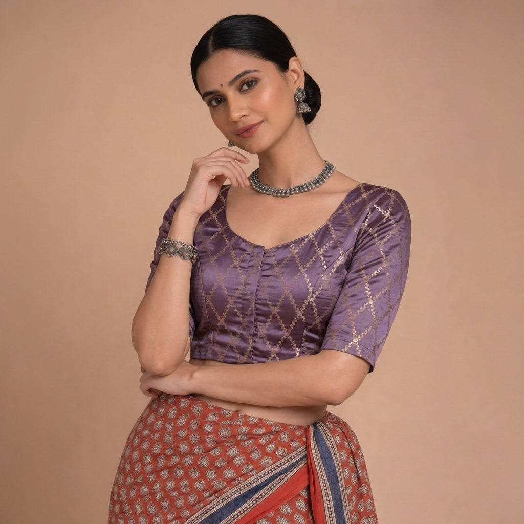 Vartika x Tyohaar Saree Blouse, in Purple Viscose Silk Brocade, featuring elbow sleeves and round neckline (view 5).