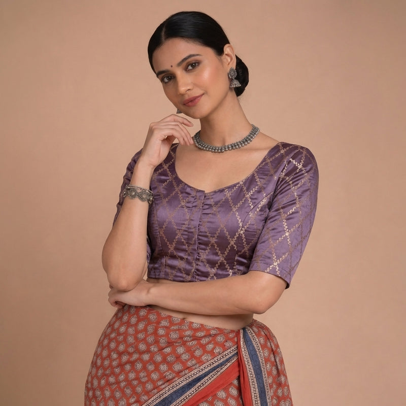 Vartika x Tyohaar | Elbow Sleeves Moonlit Lavender Viscose Silk Brocade Saree Blouse-Binks
