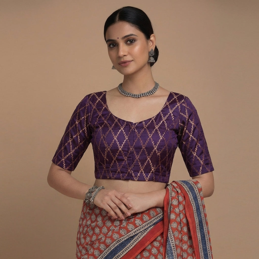 Vartika x Tyohaar Saree Blouse, in Purple Viscose Silk Brocade, featuring elbow sleeves and round neckline.