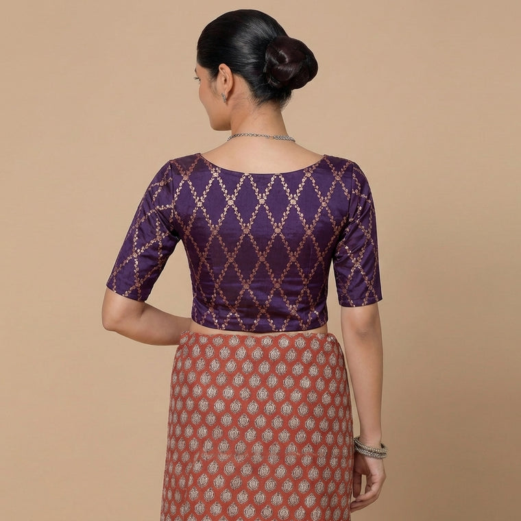 Vartika x Tyohaar Saree Blouse, in Purple Viscose Silk Brocade, featuring elbow sleeves and round neckline (view 2).