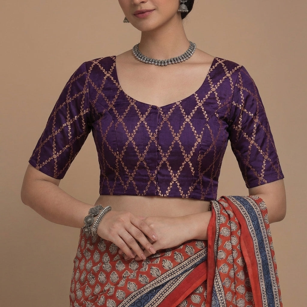 Vartika x Tyohaar Saree Blouse, in Purple Viscose Silk Brocade, featuring elbow sleeves and round neckline (view 5).
