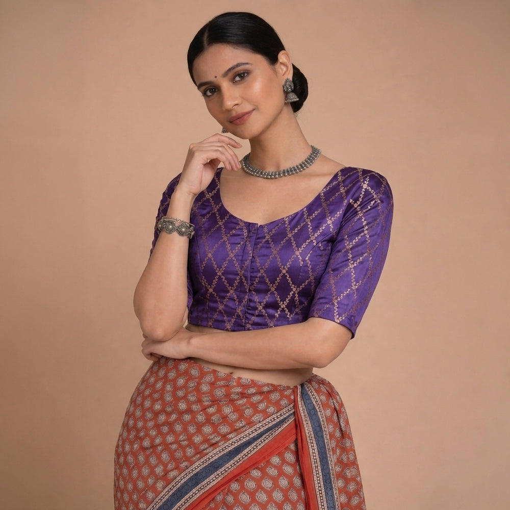 Vartika x Tyohaar | Elbow Sleeves Regal Purple Viscose Silk Brocade Saree Blouse