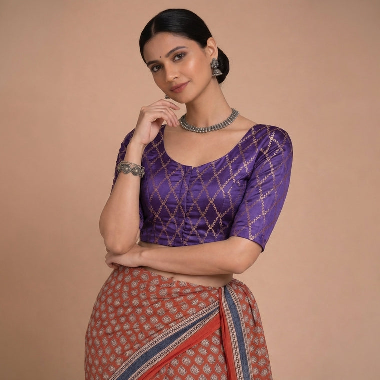 Vartika x Tyohaar Saree Blouse, in Purple Viscose Silk Brocade, featuring elbow sleeves and round neckline.