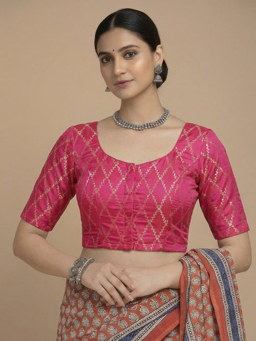 Vartika x Tyohaar Saree Blouse, in Pink Viscose Silk Brocade, featuring elbow sleeves and round neckline.