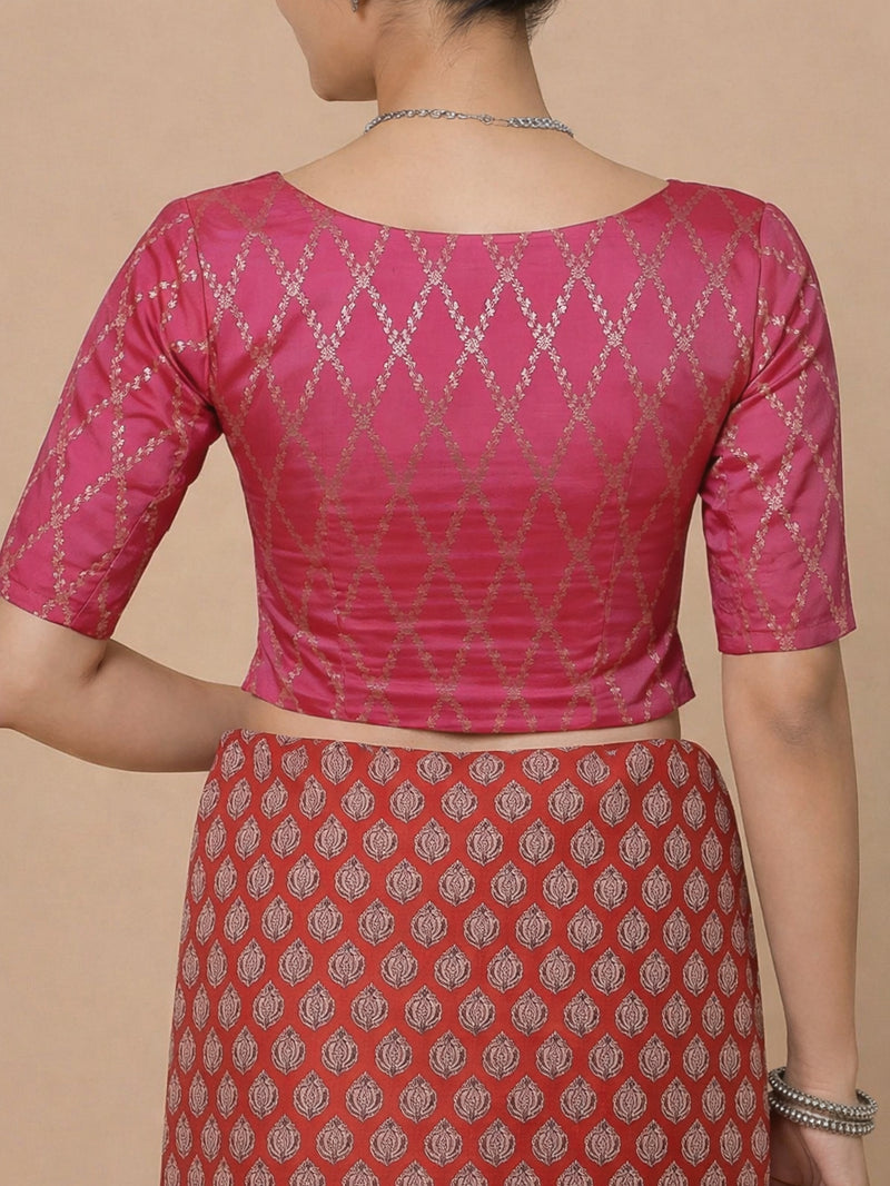 Vartika x Tyohaar | Elbow Sleeves Rosy Pink Viscose Silk Brocade Saree Blouse-Binks