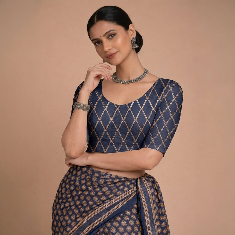 Vartika x Tyohaar | Elbow Sleeves Royal Navy Viscose Silk Brocade Saree Blouse-Binks