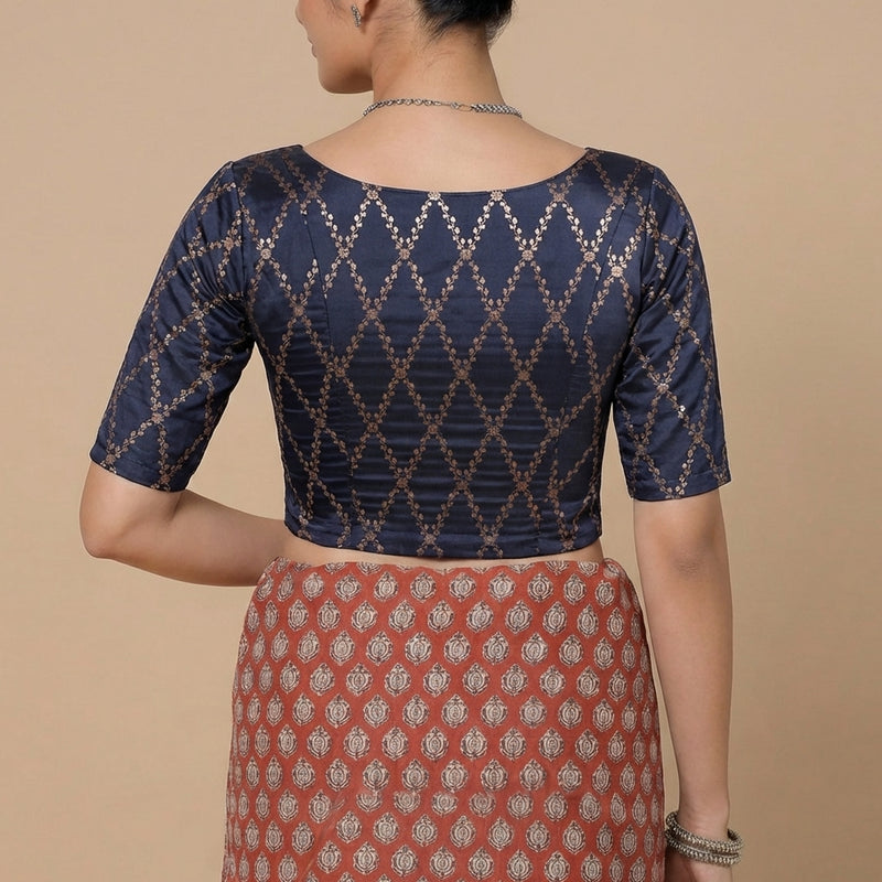 Vartika x Tyohaar | Elbow Sleeves Royal Navy Viscose Silk Brocade Saree Blouse-Binks