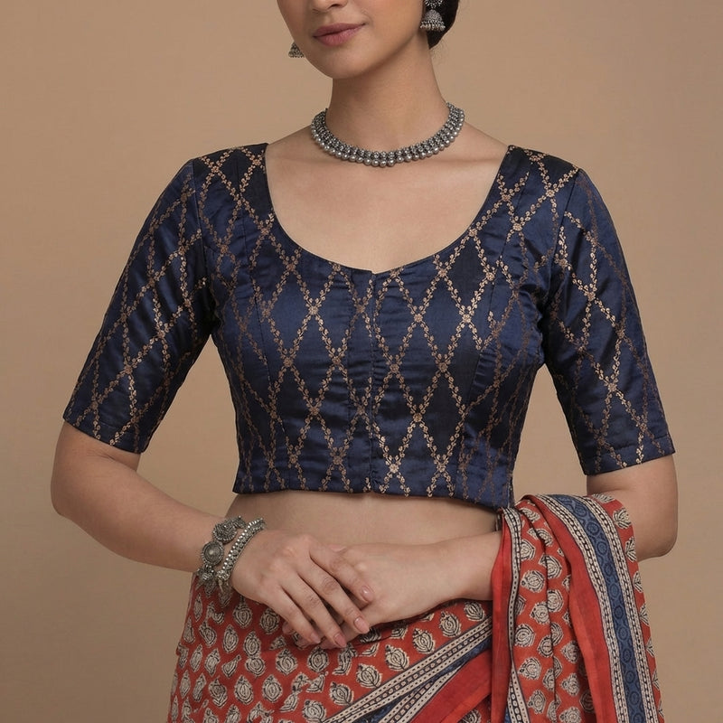 Vartika x Tyohaar | Elbow Sleeves Royal Navy Viscose Silk Brocade Saree Blouse-Binks