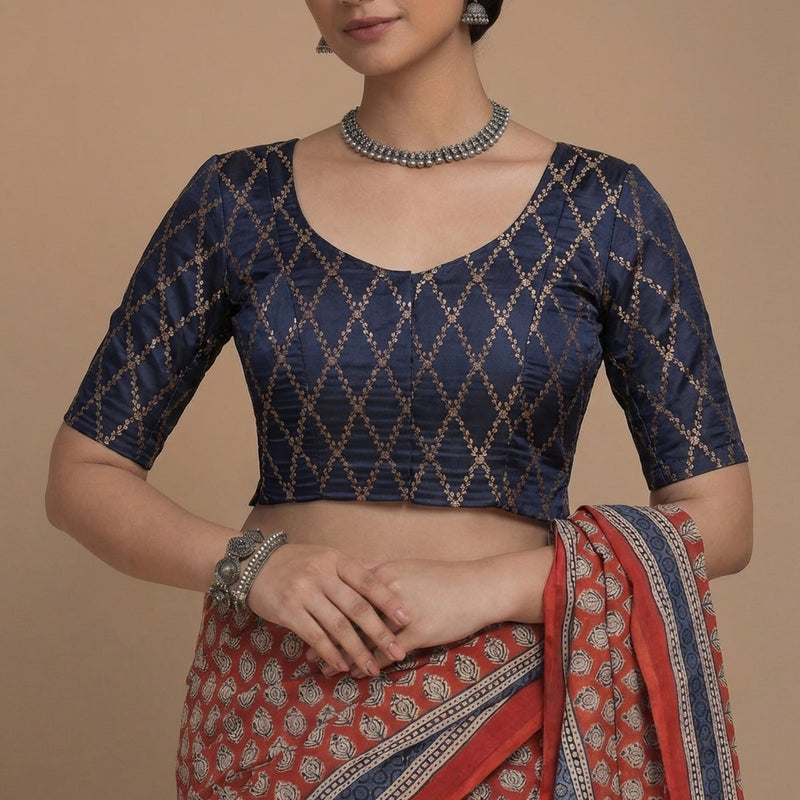 Vartika x Tyohaar | Elbow Sleeves Royal Navy Viscose Silk Brocade Saree Blouse-Binks