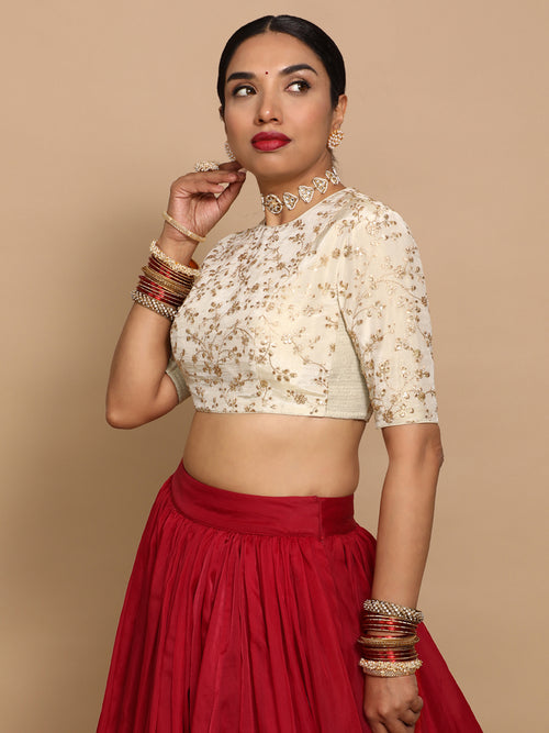 Veda x Tyohaar Saree Blouse, in Cream Embroidery & Brocade, featuring elbow sleeves and jewel neckline.