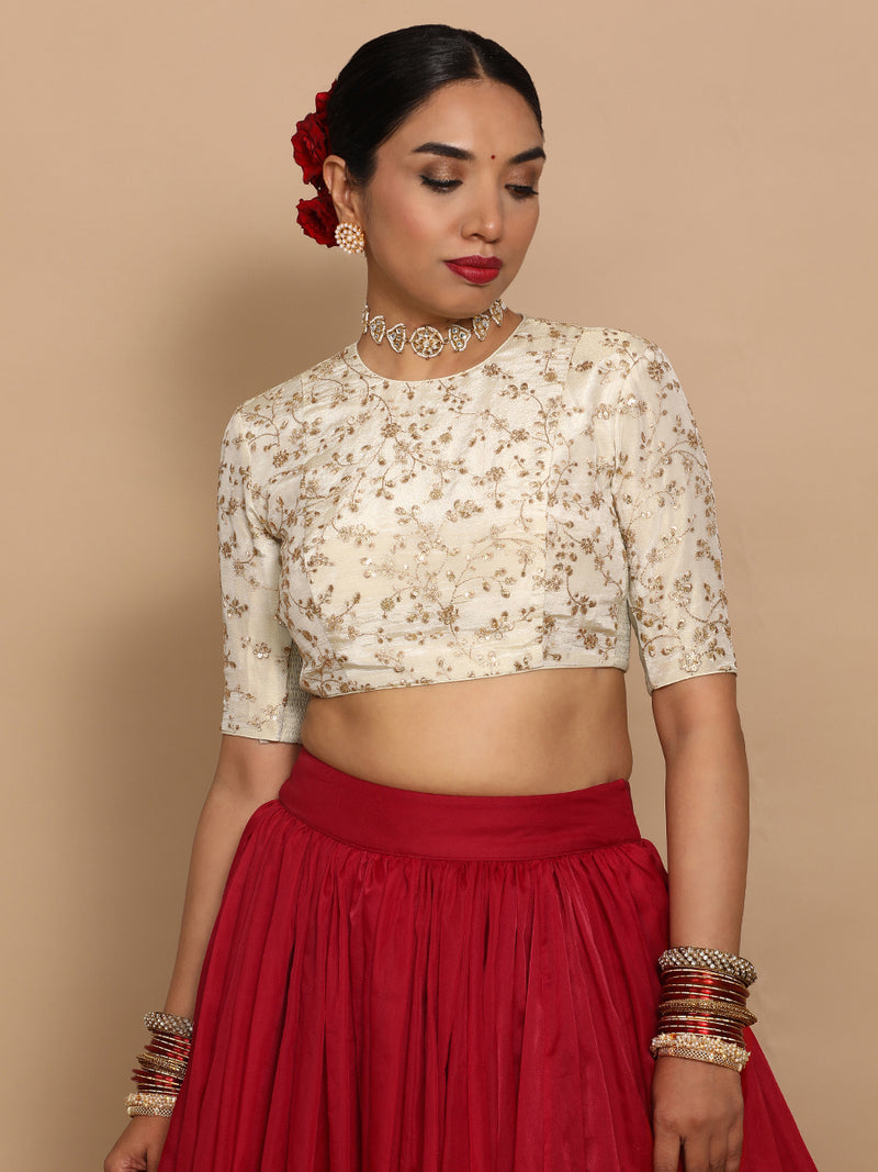 Veda x Tyohaar | Elbow Sleeves Satin Viscose Saree Blouse in Gold Vine Embroidery on Cream Tissue Fabric-Binks