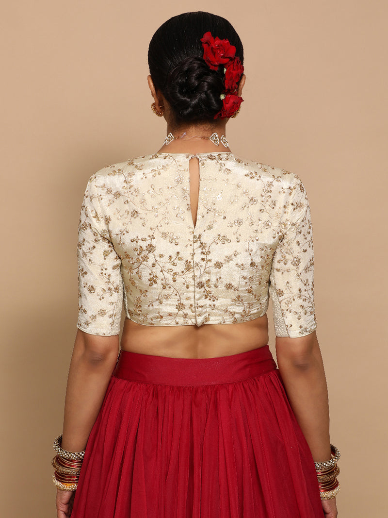 Veda x Tyohaar | Elbow Sleeves Satin Viscose Saree Blouse in Gold Vine Embroidery on Cream Tissue Fabric-Binks