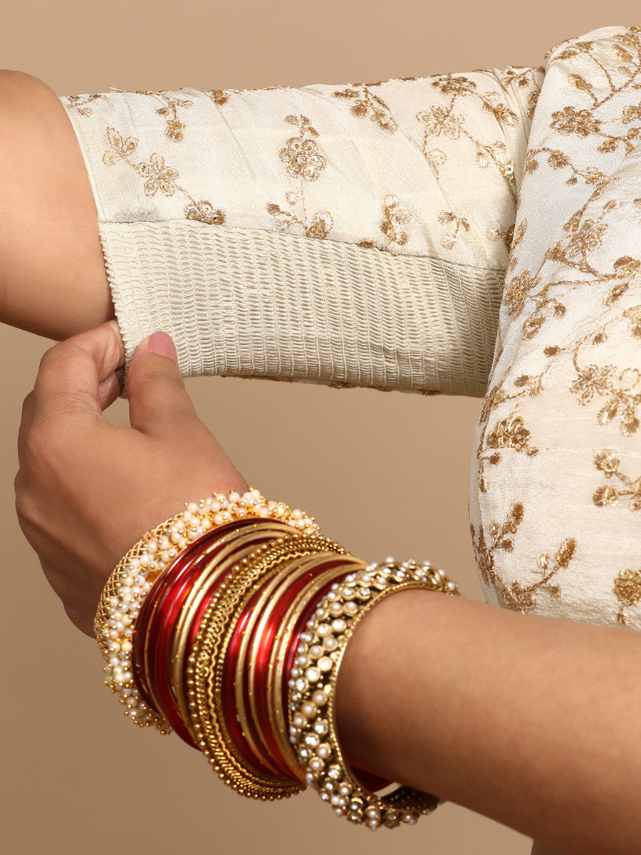 Veda x Tyohaar Saree Blouse, in Cream Embroidery & Brocade, featuring elbow sleeves and jewel neckline (view 3).