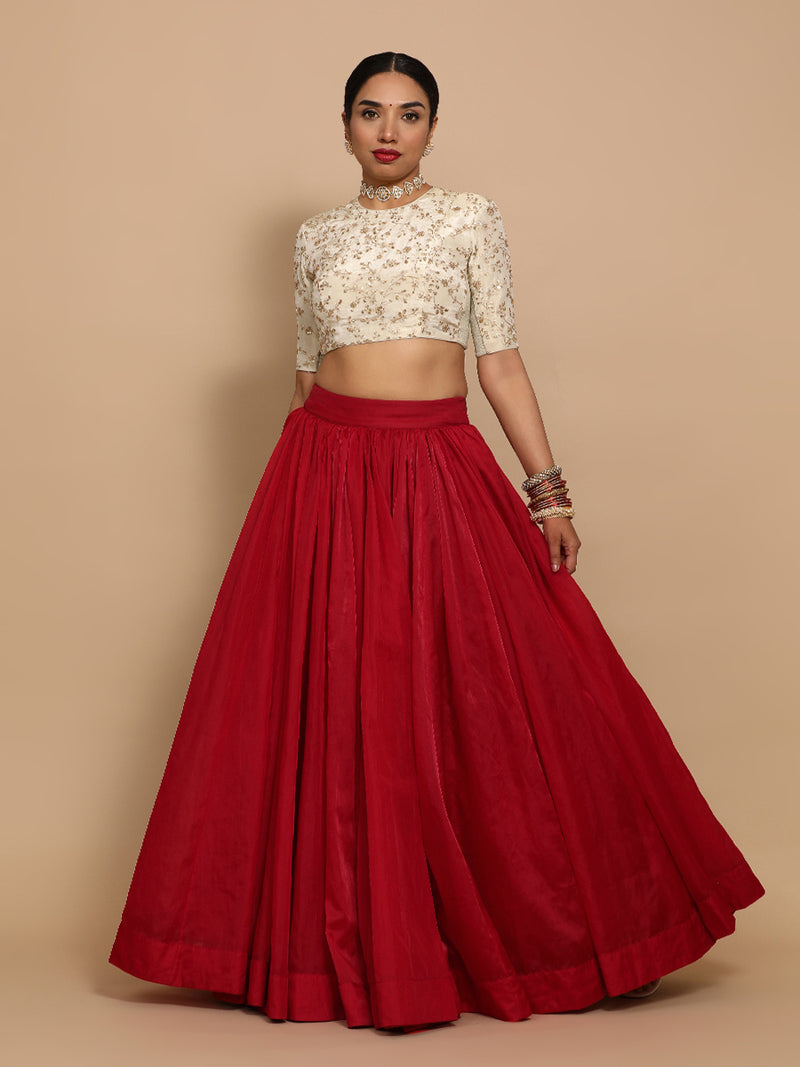 Veda x Tyohaar | Elbow Sleeves Satin Viscose Saree Blouse in Gold Vine Embroidery on Cream Tissue Fabric-Binks