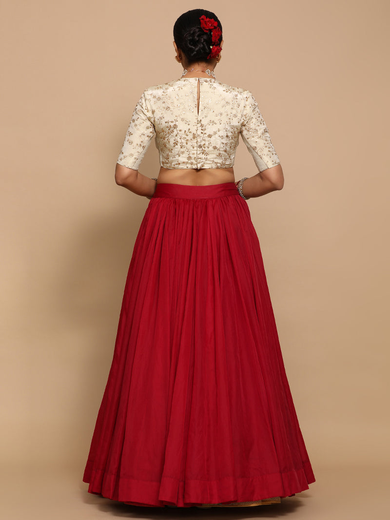 Veda x Tyohaar | Elbow Sleeves Satin Viscose Saree Blouse in Gold Vine Embroidery on Cream Tissue Fabric-Binks