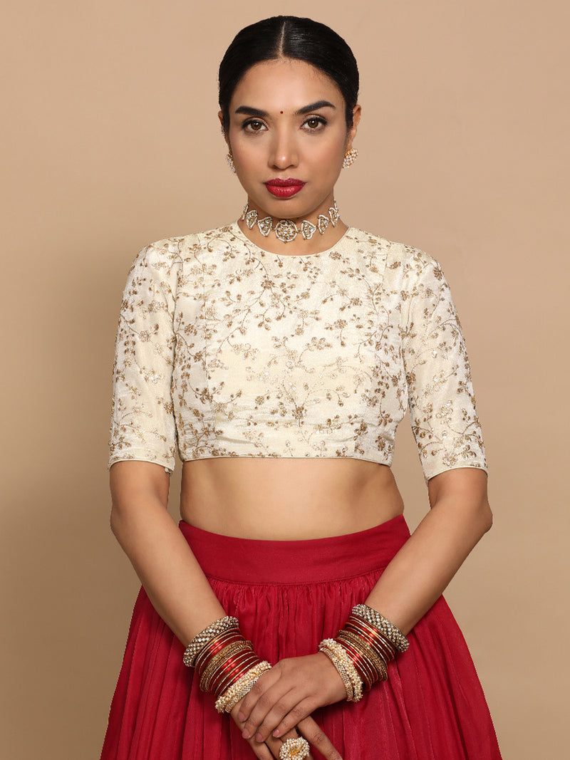 Veda x Tyohaar | Elbow Sleeves Satin Viscose Saree Blouse in Gold Vine Embroidery on Cream Tissue Fabric-Binks