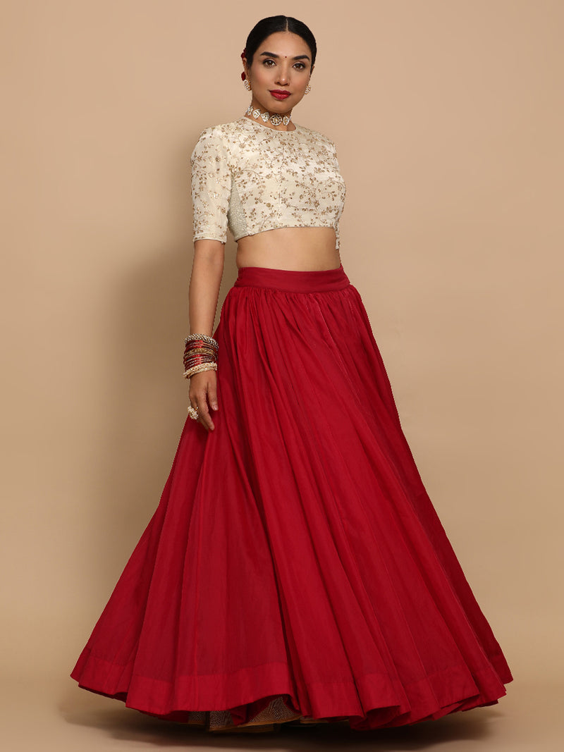 Veda x Tyohaar | Elbow Sleeves Satin Viscose Saree Blouse in Gold Vine Embroidery on Cream Tissue Fabric-Binks