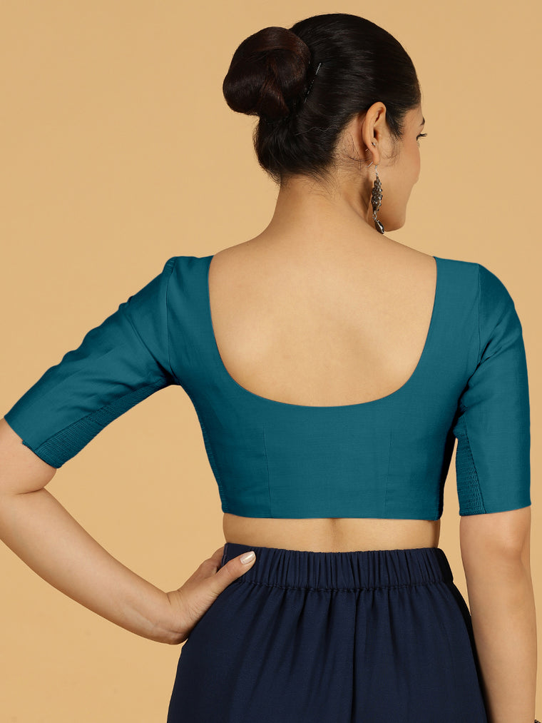 Vedika x Rozaana Saree Blouse, in Blue Viscose, featuring elbow sleeves and v-neckline, made for daily & work (view 2).