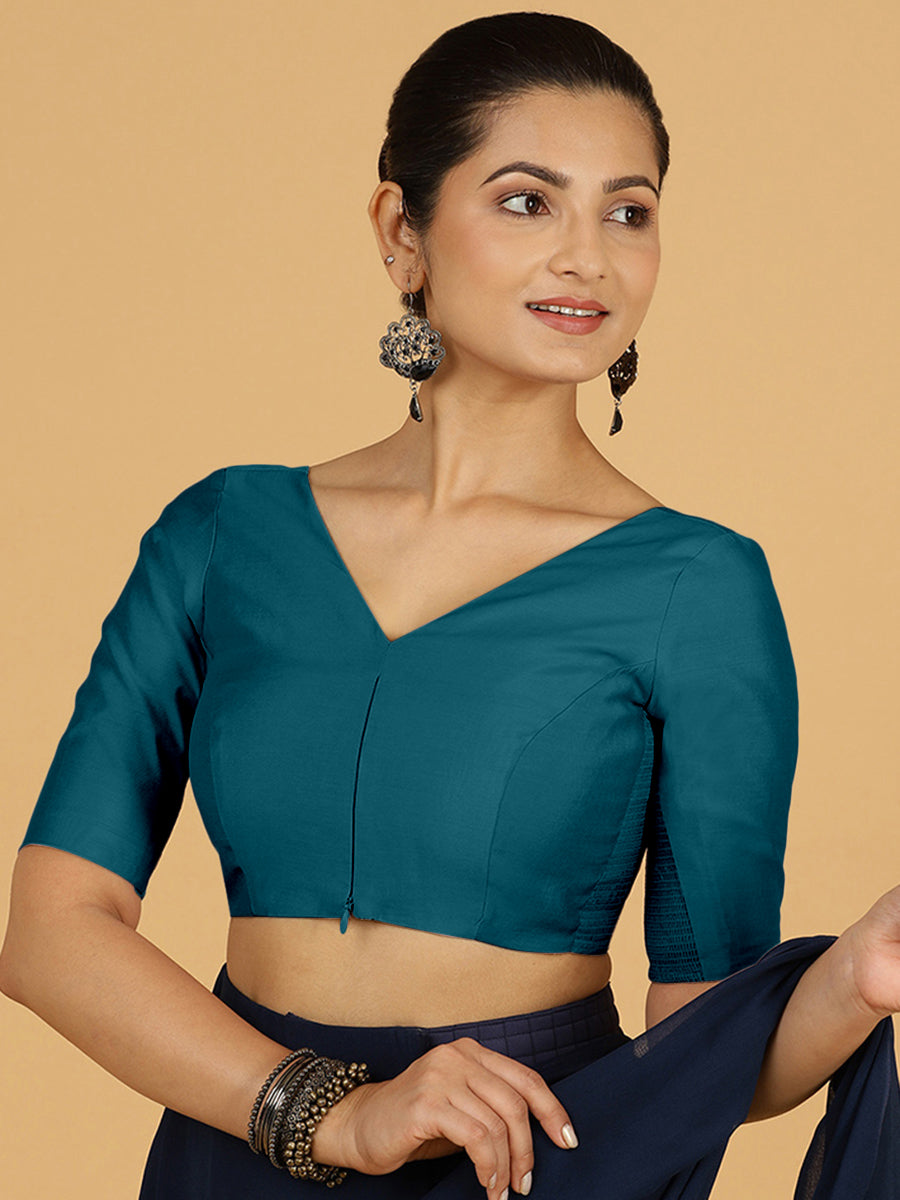 Vedika x Rozaana Saree Blouse, in Blue Viscose, featuring elbow sleeves and v-neckline, made for daily & work (view 8).