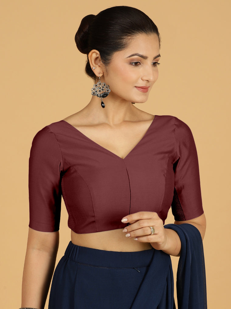 Vedika x Rozaana Saree Blouse, in Maroon Viscose, featuring elbow sleeves and v-neckline, made for daily & work.