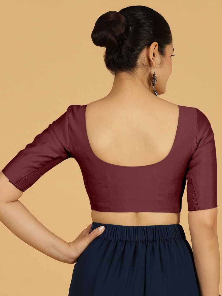 Vedika x Rozaana Saree Blouse, in Maroon Viscose, featuring elbow sleeves and v-neckline, made for daily & work (view 2).