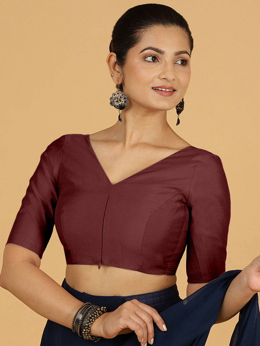 Vedika x Rozaana Saree Blouse, in Maroon Viscose, featuring elbow sleeves and v-neckline, made for daily & work (view 7).