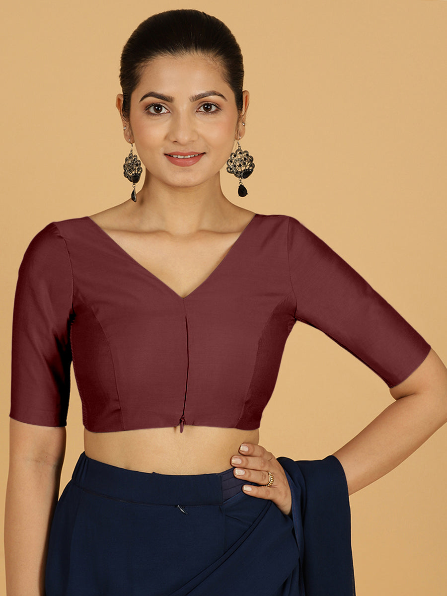Vedika x Rozaana Saree Blouse, in Maroon Viscose, featuring elbow sleeves and v-neckline, made for daily & work (view 8).