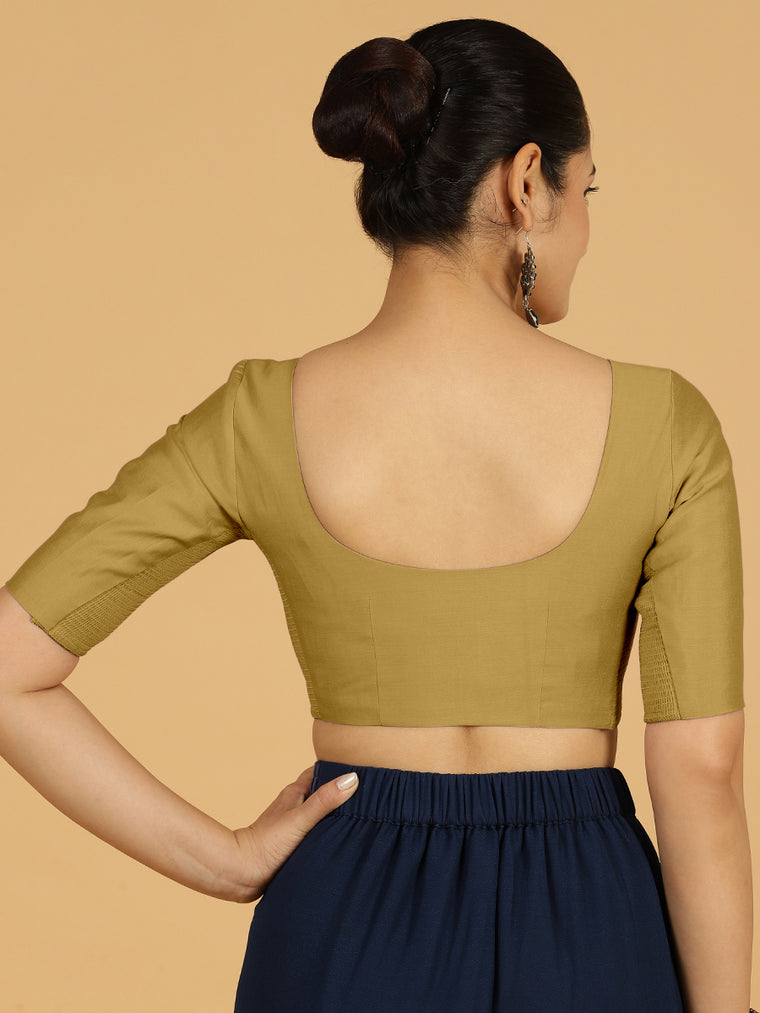 Vedika x Rozaana Saree Blouse, in Yellow Viscose, featuring elbow sleeves and v-neckline, made for daily & work (view 2).