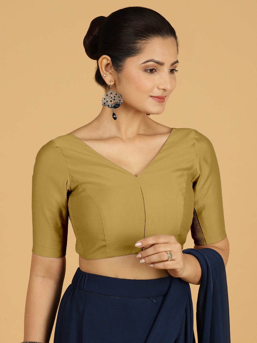 Vedika x Rozaana Saree Blouse, in Yellow Viscose, featuring elbow sleeves and v-neckline, made for daily & work (view 6).