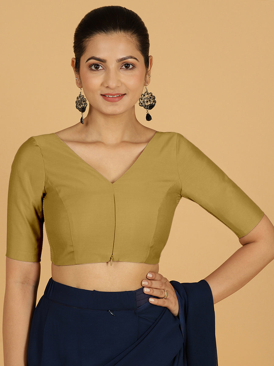 Vedika x Rozaana Saree Blouse, in Yellow Viscose, featuring elbow sleeves and v-neckline, made for daily & work (view 8).