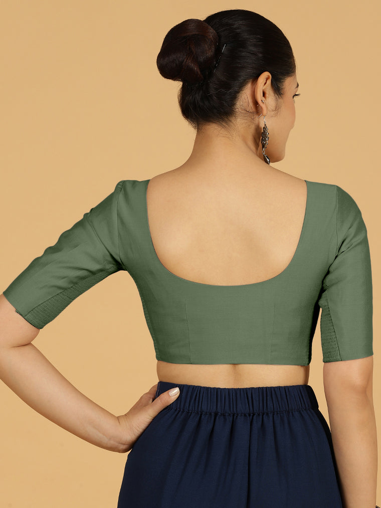 Vedika x Rozaana Saree Blouse, in Green Viscose, featuring elbow sleeves and v-neckline, made for daily & work (view 2).