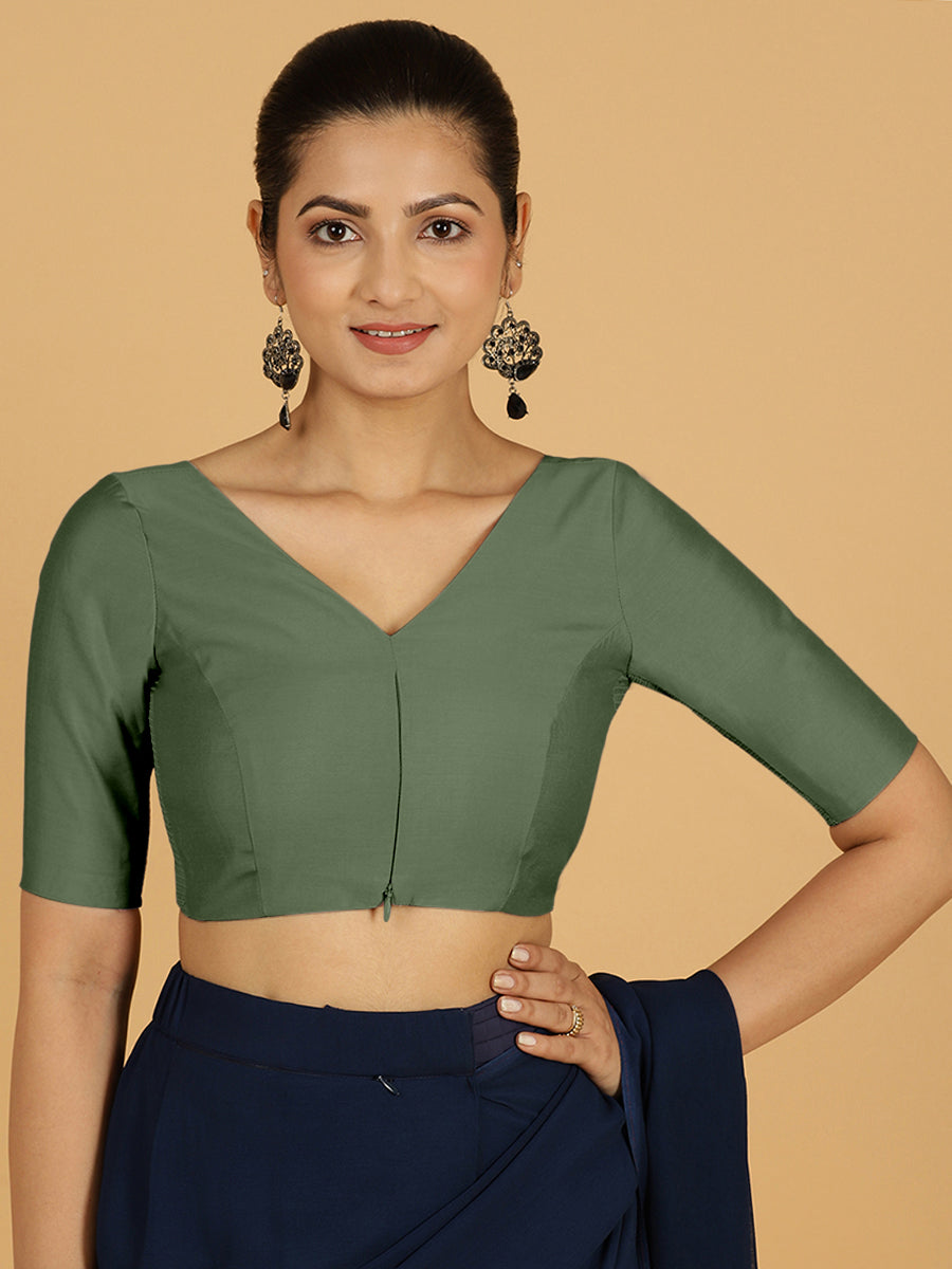 Vedika x Rozaana Saree Blouse, in Green Viscose, featuring elbow sleeves and v-neckline, made for daily & work (view 8).