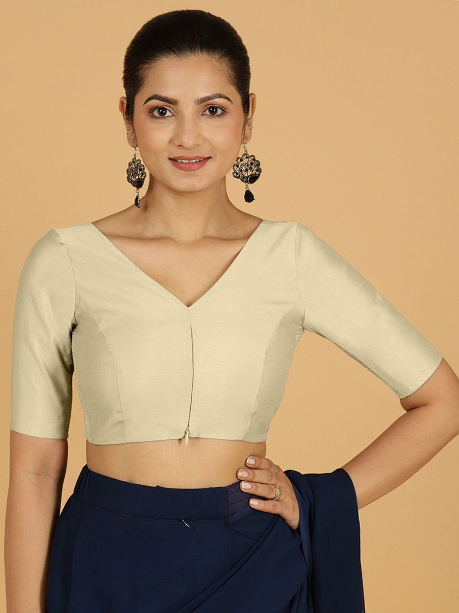 Vedika x Rozaana Saree Blouse, in White Viscose, featuring elbow sleeves and v-neckline, made for daily & work.