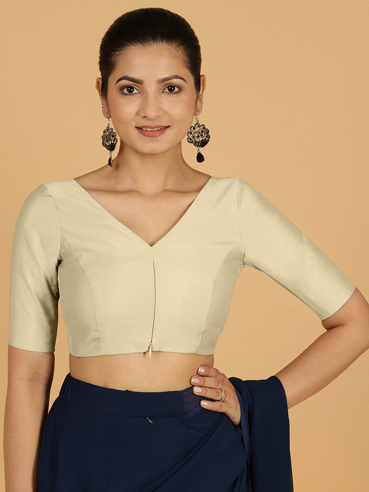 Vedika x Rozaana Saree Blouse, in White Viscose, featuring elbow sleeves and v-neckline, made for daily & work.