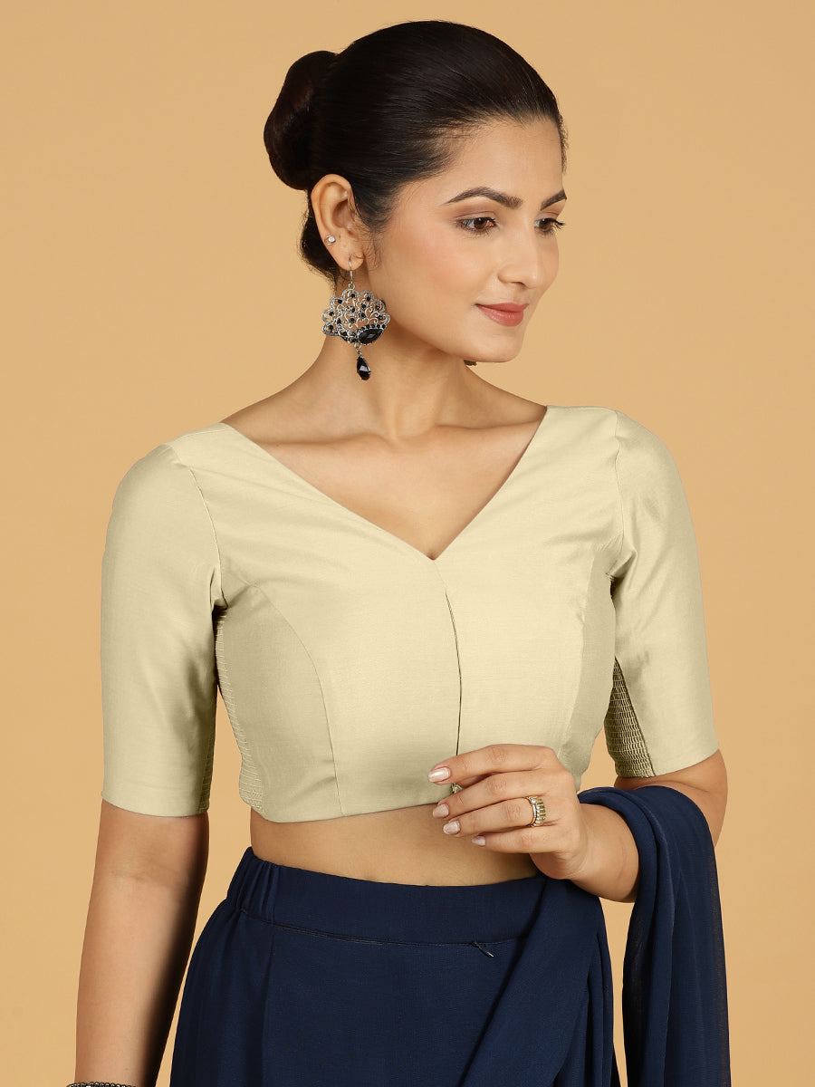 Vedika x Rozaana Saree Blouse, in White Viscose, featuring elbow sleeves and v-neckline, made for daily & work (view 6).