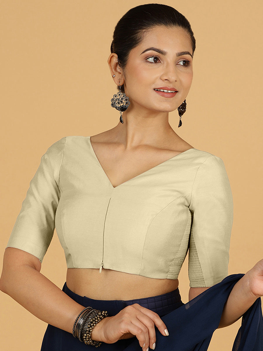Vedika x Rozaana Saree Blouse, in White Viscose, featuring elbow sleeves and v-neckline, made for daily & work (view 8).